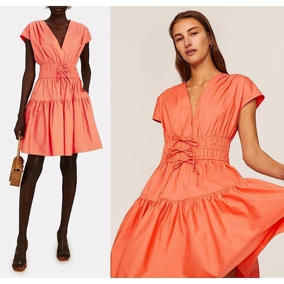 DEREK LAM Coral Cotton Smocked Ruched Tie Waist Short Sleeve Flare Mini Dress 12 - Picture 1 of 13